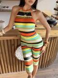 Cross-border European and American summer new fashion sexy printed striped halter neck backless sleeveless three-quarter jumpsuit for women