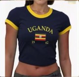 Cross-border European and American foreign trade wholesale INS letter country embroidered women's short-sleeve tight-fitting top