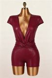 Cross-border European and American summer new fashion sexy deep V-neck ruched slim-fit short-sleeve short jumpsuit women's clothing