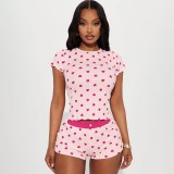 New Valentine's Day Heart Print Contrast Color Basic Slim-Fit Short Sleeve Shorts Casual Home Wear Set for Women