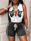 Cross-border European and American summer new style foreign trade casual sleeveless printed star and letter zipper top and shorts set