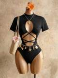 Cross-border European and American summer new fashion sexy solid color round neck tie short-sleeve tight jumpsuit for women
