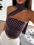 Cross-border European and American summer new style foreign trade hot girl printed polka dot one-shoulder sleeveless short slim-fit tank top with ribbons