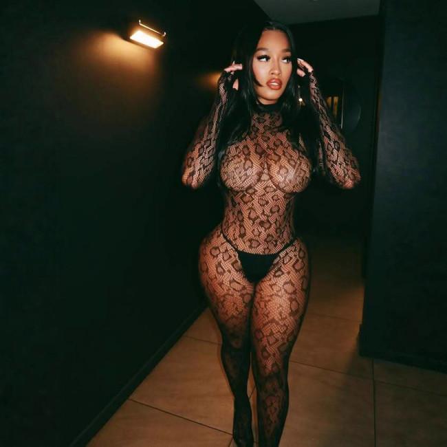 Y300865 Leopard Print High Neck Backless Bodysuit Sexy Hollow Out Mesh Lingerie