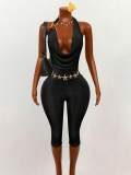 Cross-border European and American summer new fashion sexy halter neck metal buckle open back jumpsuit women's clothing