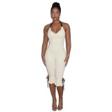 Cross-border European and American summer new fashion sexy solid color halter neck silk scarf strap slim-fit jumpsuit for women