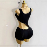 1429 Fashion Tie-Up Sexy Crop Top Asymmetrical Tank Romper