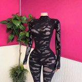 Y3008334 European and American cross-border new long-sleeve women's patterned hollow-out high-waisted slim-fit fashionable sexy jumpsuit