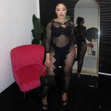 Y225 Sexy Lingerie: European and American Style Long-Sleeve Fishnet Bodysuit with Holes and Hip-Covering Design