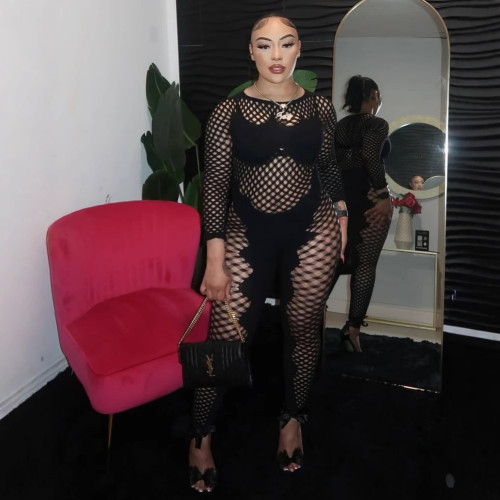 Y225 Sexy Lingerie: European and American Style Long-Sleeve Fishnet Bodysuit with Holes and Hip-Covering Design