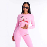 Cross-border European and American spring/summer new fashion casual sports solid color printed anime long-sleeve two-piece women's outfit