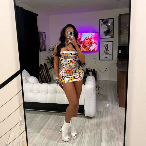 Y309211 European and American cross-border fashion women's printed sexy dress
