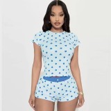 New Valentine's Day Heart Print Contrast Color Basic Slim-Fit Short Sleeve Shorts Casual Home Wear Set for Women