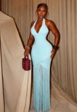 New European and American style foreign trade fashion sexy solid color sleeveless V-neck bandage slim-fit bodycon tassel dress for women