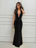 Cross-border European and American summer new fashion sexy deep V-neck halter neck ruched bodycon long dress