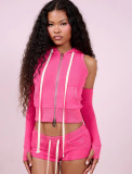 New European and American cross-border fashion casual sports zip-up hooded sleeveless three-piece shorts set for women