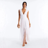 Cross-border European and American foreign trade summer new fashion sexy deep V-neck bandage tassel double-layer long dress women's clothing