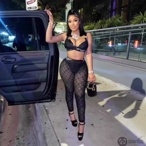 FC1290 Fashionable and Sexy Strapless Crop Top with Hip-Hugging Mesh Print and Letter Flocking Nightclub Style Pants Set