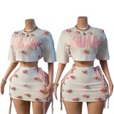 13693DFloralCropTopandSkirtSet Rose-decorated cropped skirt set, fashionable and casual