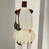 Cross-border European and American summer new foreign trade sexy solid color sleeveless halter neck tie-back waist-cinching tiered dress