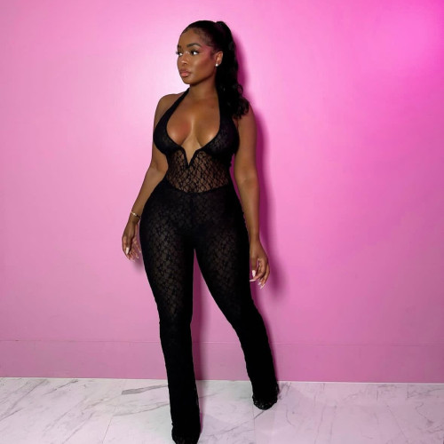 Y50005 European and American cross-border fashion women's hollow lace see-through jumpsuit