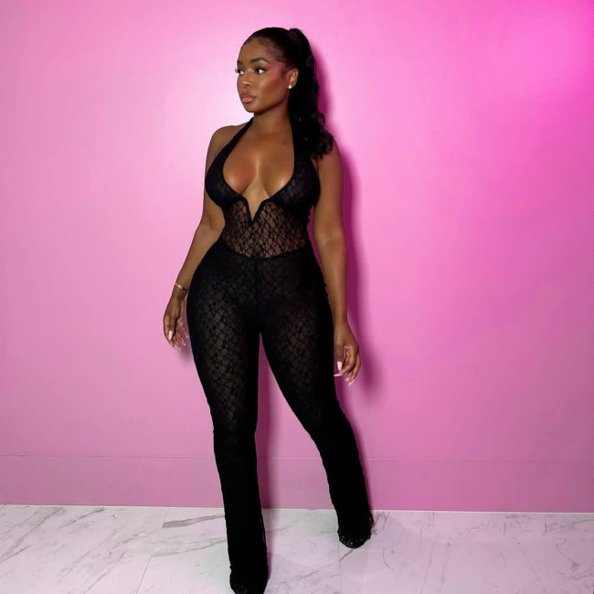 Y50005 European and American cross-border fashion women's hollow lace see-through jumpsuit
