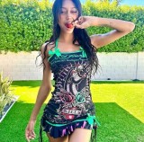 FC1291 European and American fashion cross-border vintage printed oil painting drawstring strapless dress in pink and white