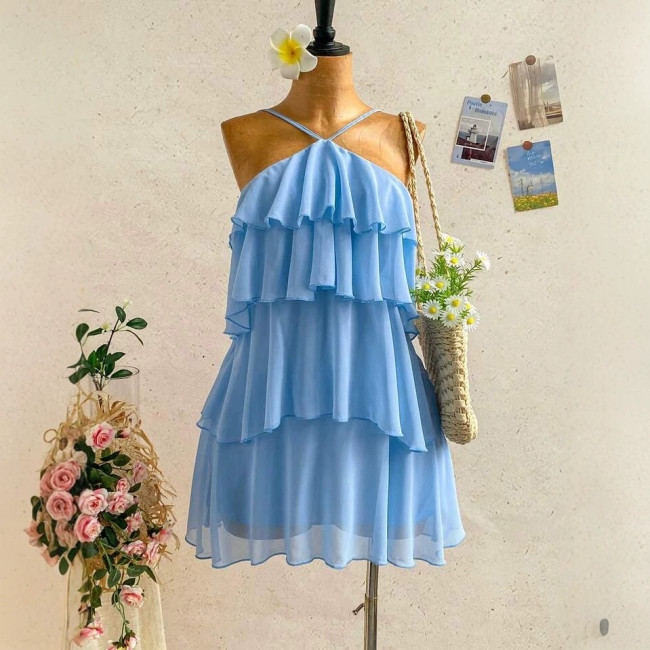 Cross-border European and American summer new foreign trade resort style sexy halter neck tie-back sleeveless ruffle cake dress for women