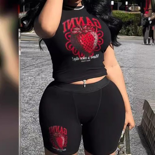 FC1238 European and American cross-border personalized trendy brand printed short-sleeve pants set, black sexy hot girl African milk silk