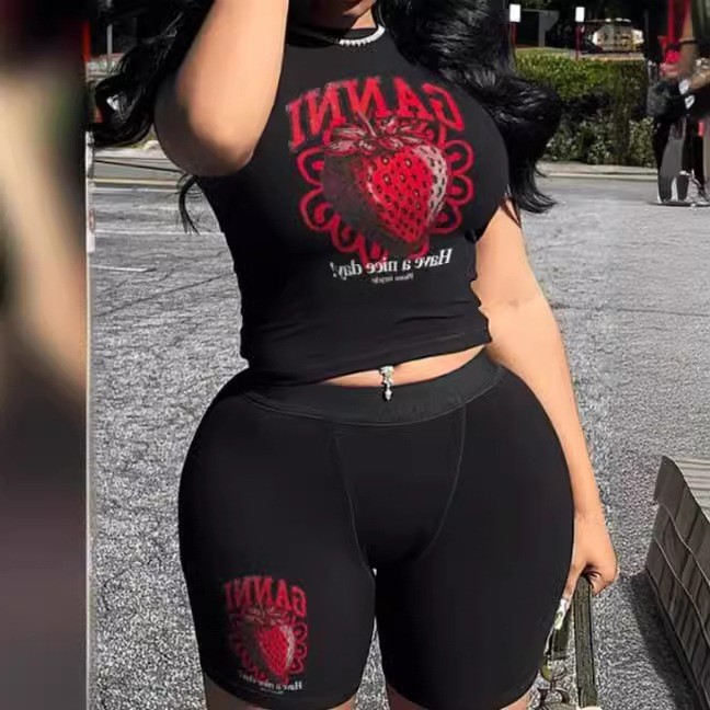 FC1238 European and American cross-border personalized trendy brand printed short-sleeve pants set, black sexy hot girl African milk silk