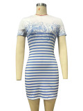 FC1309 Cross-Border Striped Digital Print Slim Dress Short Skirt White Milk Silk Spandex European and American Style