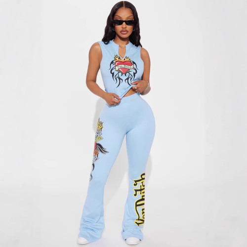Cross-border European and American summer new fashion V-neck printed sleeveless tank top and slim-fit hip-lifting long pants set
