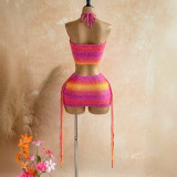 Cross-border European and American summer new fashion sexy halter neck tie-back crop top and skirt set