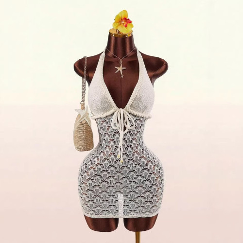 Cross-border European and American summer new fashion sexy woven hollow-out slim-fit bodycon short dress for women