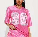 FC1227 European and American cross-border trendy brand digital letter print T-shirt, bright pink, personalized street style, African short-sleeve regular fit