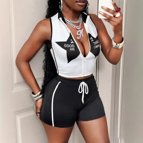 Cross-border European and American summer new style foreign trade casual sleeveless printed star and letter zipper top and shorts set