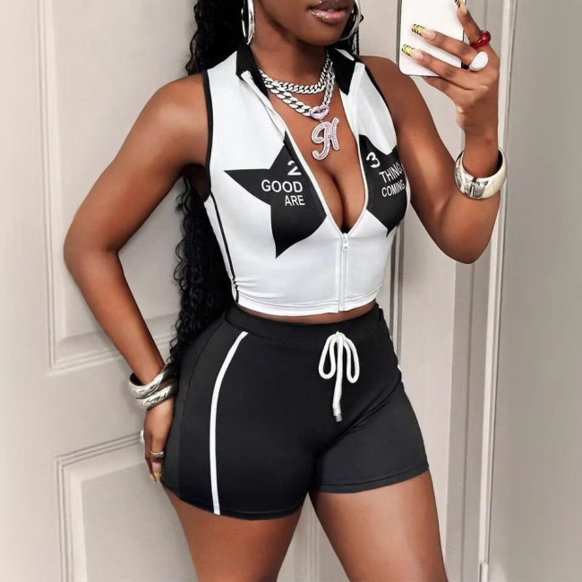 Cross-border European and American summer new style foreign trade casual sleeveless printed star and letter zipper top and shorts set