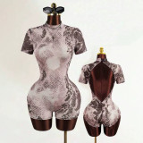 New European and American cross-border fashion sexy hot girl printed round neck backless slim-fit short-sleeve short jumpsuit for women