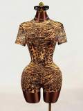 New European and American cross-border fashion sexy hot girl printed round neck backless slim-fit short-sleeve short jumpsuit for women