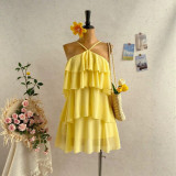 Cross-border European and American summer new foreign trade resort style sexy halter neck tie-back sleeveless ruffle cake dress for women