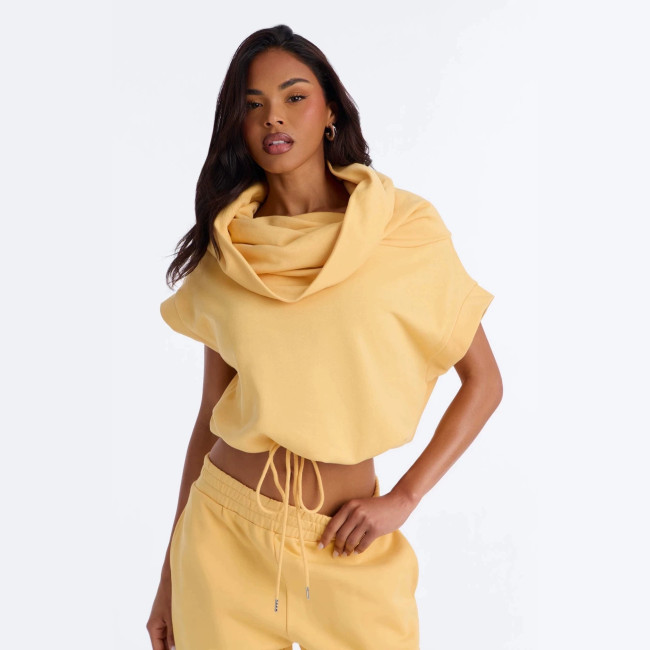 Cross-border European and American summer new casual foreign trade set for women: stacked collar short-sleeve crop top with tie and elastic cropped pants