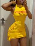Cross-border European and American summer new fashion sexy solid color printed halter neck tie-waist tank dress