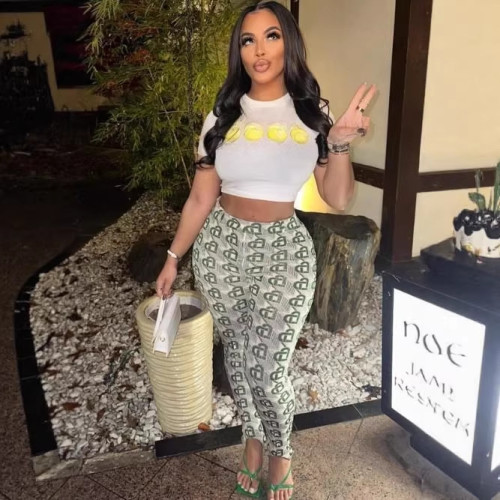 FC1219 European and American cross-border fashion printed short-sleeve T-shirt and tight pants set