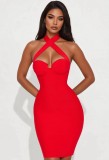 New European and American style cross-border fashion solid color bandage cross halter neck ribbed slim fit bodycon dress for women