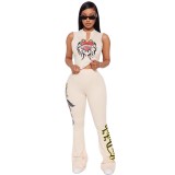 Cross-border European and American summer new fashion V-neck printed sleeveless tank top and slim-fit hip-lifting long pants set