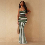 New European and American cross-border fashion sexy strapless color-block striped backless knitted long dress for women