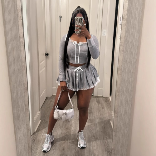 Y500508 Lace Patchwork Gray Short T-shirt Hoodie Hot Girl Outfit Women's Autumn A-line Skirt Casual
