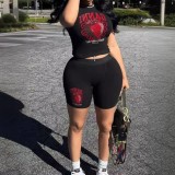 FC1238 European and American cross-border personalized trendy brand printed short-sleeve pants set, black sexy hot girl African milk silk