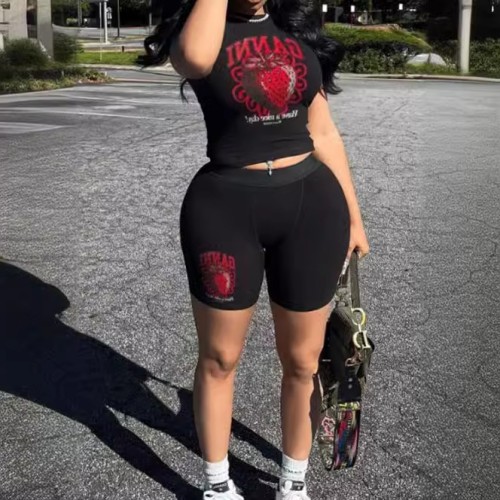 FC1238 European and American cross-border personalized trendy brand printed short-sleeve pants set, black sexy hot girl African milk silk