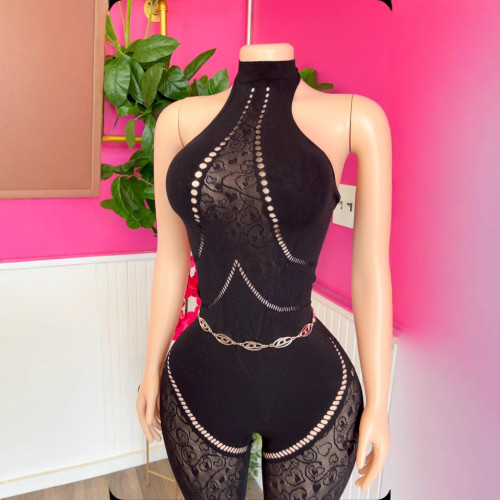 Y300900 European and American cross-border new women's clothing round neck sleeveless hollow high-waisted slim sexy fashion jumpsuit
